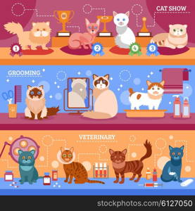 Cats banner set. Cats banner horizontal set with flat grooming and veterinary elements isolated vector illustration