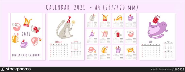 Cats birthday party calendar 2021 - funny kitten in festive hat, gift boxes and presents, birthday cake and drinks, big vector planner 12 month pages and cover, cartoon flat characters - template. cats birthday party set - vector