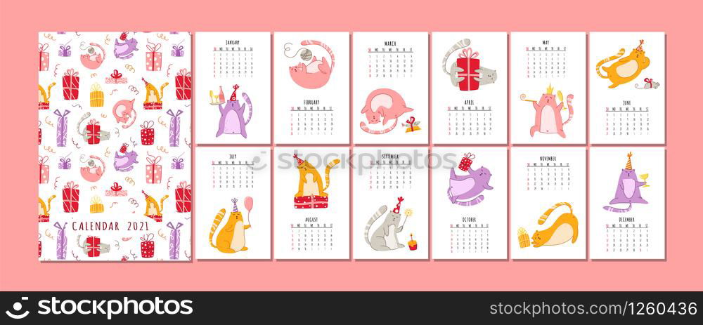 Cats birthday party calendar 2021 - funny kitten in festive hat, gift boxes and presents, birthday cake and drinks, big vector planner 12 month pages and cover, cartoon flat characters - template. cats birthday party calendar - vector