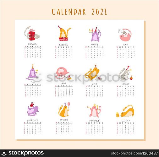 Cats birthday party calendar 2021 - funny kitten in festive hat, gift boxes and presents, birthday cake and drinks, big vector planner 12 month pages and cover, cartoon flat characters - template. cats birthday party calendar - vector