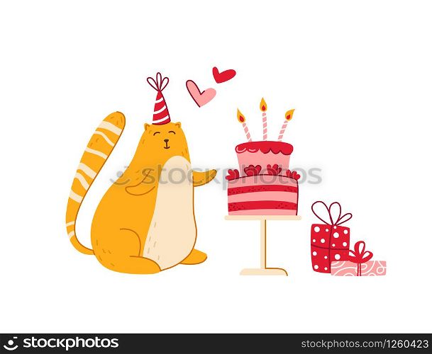 Cats birthday party greeting card - funny kitten in festive hat, gift box or present and sweet birthday cake, vector isolated cartoon flat character on white background for card, poster, clothes print. cats birthday party set - vector