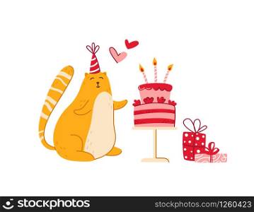 Cats birthday party greeting card - funny kitten in festive hat, gift box or present and sweet birthday cake, vector isolated cartoon flat character on white background for card, poster, clothes print. cats birthday party set - vector