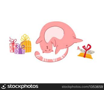Cats birthday party greeting card - funny pink kitten with tasty fish in his bowl and gift boxes, cute vector isolated cartoon flat character on white background for card, poster, clothes print. cats birthday party set - vector