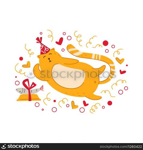Cats birthday party greeting card - funny red kitten in festive hat with tasty fish in his bowl, cute vector isolated cartoon flat character on white background for card, poster, clothes print. cats birthday party set - vector