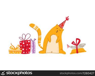 Cats birthday party greeting card - funny red kitten with tasty fish in his bowl and gift boxes, cute vector isolated cartoon flat character on white background for card, poster, clothes print. cats birthday party set - vector