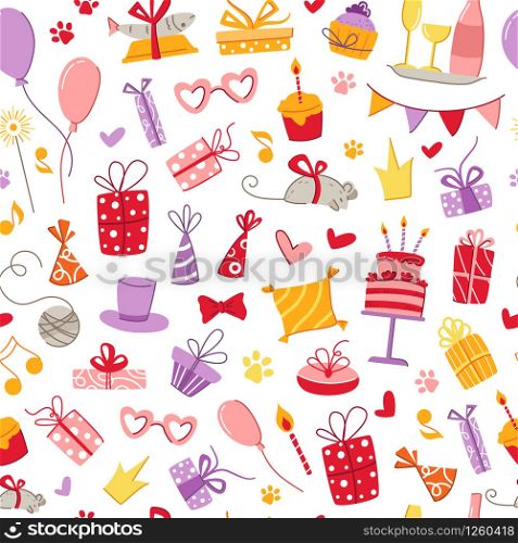 Cats birthday party pets accessories seamless pattern - gift boxes, food, pillow, fish, mouse, holiday flags and balloons, birthday cake and drinks, vector cartoon flat objects on white background. cats birthday party pattern - vector