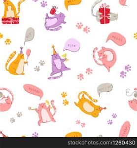 Cats birthday party seamless pattern - funny kitten in festive hat and speech bubble meow, cats paw footprints, vector texture with flat characters on white background for textile, wrapping. cats birthday party pattern - vector