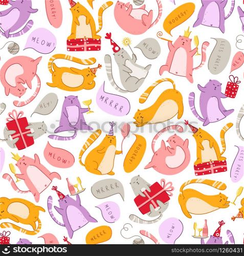 Cats birthday party seamless pattern - funny kitten in festive hat and speech bubbles meow hooray, gift boxes, vector texture with flat characters on white background for textile, wrapping. cats birthday party pattern - vector