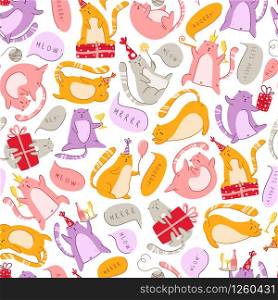 Cats birthday party seamless pattern - funny kitten in festive hat and speech bubbles meow hooray, gift boxes, vector texture with flat characters on white background for textile, wrapping. cats birthday party pattern - vector