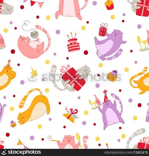 Cats birthday party seamless pattern - funny kitten in festive hat, gift boxes and flags, birthday cake and drink, cartoon flat characters on white background - vector endless texture for textile. cats birthday party pattern - vector