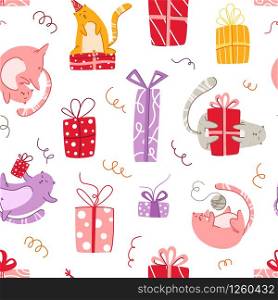 Cats birthday party seamless pattern - funny kitten in festive hat, gift boxes and presents, serpantine - vector texture with flat characters on white background for textile, wrapping. cats birthday party pattern - vector