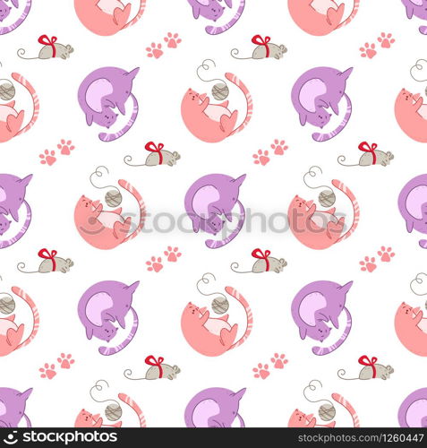 Cats birthday party seamless pattern - funny kitten in festive hat, gift boxes and presents, vector endless texture with flat characters on white background for textile, wrapping, scrapbook paper. cats birthday party pattern - vector