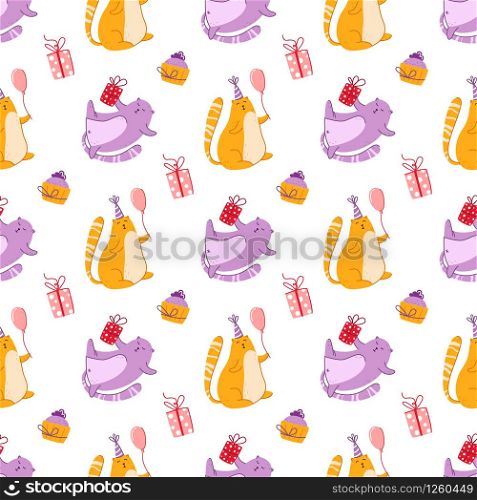 Cats birthday party seamless pattern - funny kitten in festive hat, gift boxes and presents, vector endless texture with flat characters on white background for textile, wrapping, scrapbook paper. cats birthday party pattern - vector