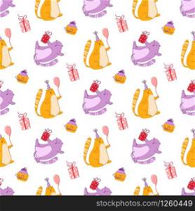 Cats birthday party seamless pattern - funny kitten in festive hat, gift boxes and presents, vector endless texture with flat characters on white background for textile, wrapping, scrapbook paper. cats birthday party pattern - vector