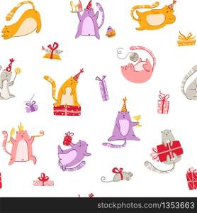 Cats birthday party seamless pattern - funny kitten in festive hat, gift boxes and presents, mouse and fish, vector texture with flat characters on white background for textile, wrapping. cats birthday party pattern - vector