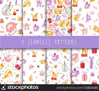 Cats birthday party seamless pattern set - funny kitten in festive hat and speech bubbles, cats paw footprints, cakes, balloons vector texture with flat characters backgrounds for textile, wrapping. cats birthday party calendar - vector
