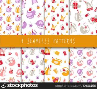 Cats birthday party seamless pattern set - funny kitten in festive hat, gift boxes and presents, mouse, fish, footprints, vector texture with flat characters on white background for textile, wrapping. cats birthday party pattern - vector