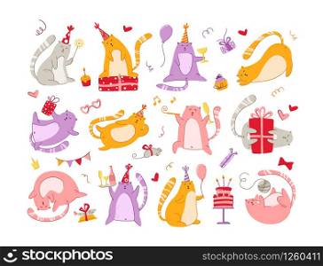 Cats birthday party set - funny kitten in festive hat, gift boxes and presents, birthday cake and drinks, collection vector isolated cartoon hand drawn characters on white background for cards, poster. cats birthday party set - vector