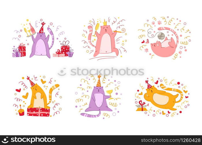 Cats birthday party set funny kittens in festive hat, gift boxes and presents, toys, birthday cake and drink, cute vector isolated cartoon characters on white background for greeting card, poster. cats birthday party set - vector