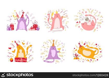 Cats birthday party set funny kittens in festive hat, gift boxes and presents, toys, birthday cake and drink, cute vector isolated cartoon characters on white background for greeting card, poster. cats birthday party set - vector