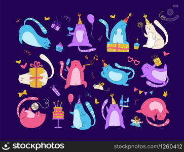 Cats birthday party set - funny neon kitten in festive hat, gift boxes presents, birthday cake and drinks, collection vector isolated cartoon hand drawn characters on dark background for cards, poster. cats birthday party set - vector