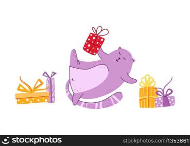 Cats birthday party set - funny purple kitten in festive hat, gift boxes and presents, cute vector isolated cartoon flat character on white background for cards, poster. cats birthday party set - vector