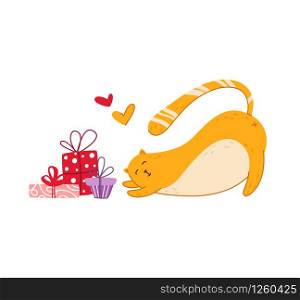 Cats birthday party set - funny red kitten in festive hat, gift boxes and presents, cute vector isolated cartoon flat character on white background for cards, poster. cats birthday party set - vector