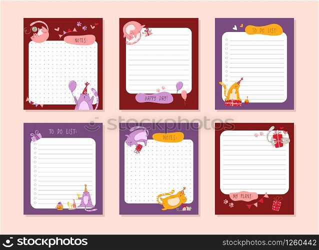 Cats birthday planner or personal stationery organizer or stickers set with notes and to do list for daily plans, schedule with flat cartoon pets or kittens on white - vector printable page template. cats birthday party calendar - vector