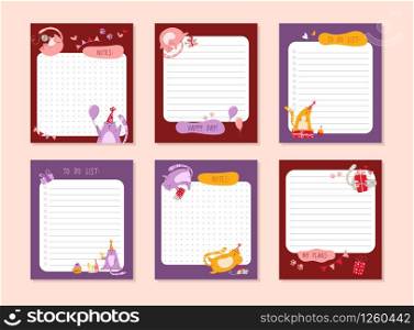 Cats birthday planner or personal stationery organizer or stickers set with notes and to do list for daily plans, schedule with flat cartoon pets or kittens on white - vector printable page template. cats birthday party calendar - vector
