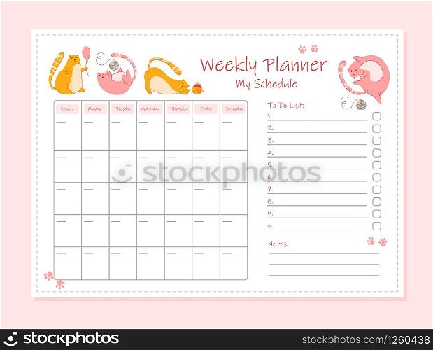 Cats birthday weekly or daily planner with notes and to do list. Personal stationery organizer for daily plans, schedule with flat cartoon pets or kittens on white - vector printable page template. cats birthday party calendar - vector