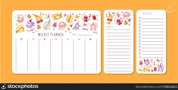 Cats birthday weekly or daily planner with notes and to do list. Personal stationery organizer for daily plans, schedule with flat cartoon pets or kittens on white - vector printable page template. cats birthday party calendar - vector