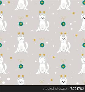 Cats christmas drawn seamless pattern. Cute festive New Year background with pets. Funny cats stars and snow winter print. Design for textiles, paper, packaging vector illustration.. Cats christmas drawn seamless pattern