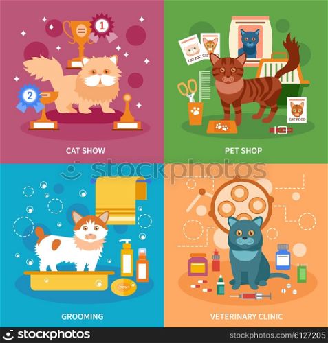 Cats concept set. Cats design concept set with pet grooming and veterinary clinic flat icons isolated vector illustration