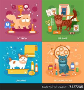 Cats concept set. Cats design concept set with pet grooming and veterinary clinic flat icons isolated vector illustration