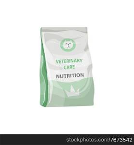 Cats dry food, pets veterinary nutrition meals, vector pack bag. Domestic animals health and cats care nutrition food or vet dietary supplement and treats, pets feeding and health. Pet dry food pack, cats nutrition or meal snacks