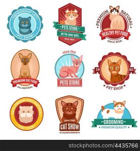 Cats emblem set. Cats emblem set with pet shop and veterinary clinic symbols isolated vector illustration