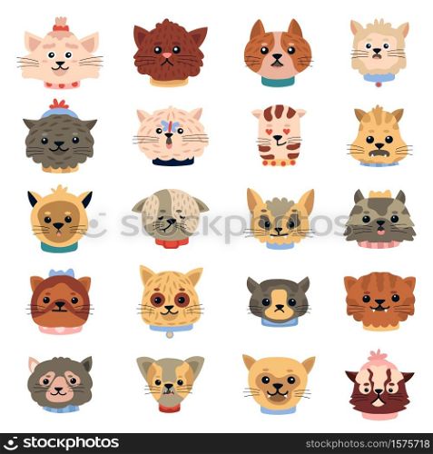Cats emotions. Cute funny kitten faces, pets character heads, doodle domestic kitty portraits vector isolated icons illustration set. Kitty pet emotion face, animal head. Cats emotions. Cute funny kitten faces, pets character heads, doodle domestic kitty portraits vector isolated icons illustration set