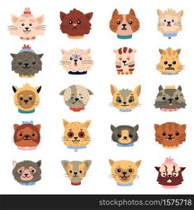 Cats emotions. Cute funny kitten faces, pets character heads, doodle domestic kitty portraits vector isolated icons illustration set. Kitty pet emotion face, animal head. Cats emotions. Cute funny kitten faces, pets character heads, doodle domestic kitty portraits vector isolated icons illustration set