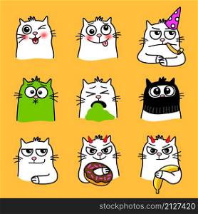 Cats expressions. Cartoon pets with cute emotions, creative smiles of home animal, vector illustration of funny emoji of cat with big eyes isolated on yellow background. Cats expressions collection