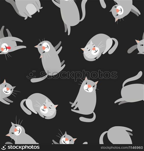 Cats in different poses pattern on dark background, vector illustration. Cats pattern on dark background