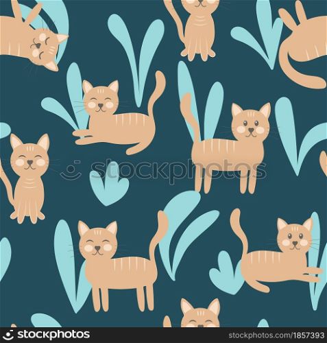 Cats in different poses with plants on a dark substrate vector illustration. Background with cats lying and standing at night. Template for wallpaper, packaging and fabric.. Cats in different poses with plants on a dark substrate vector illustration.