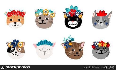 Cats in flower wreaths. Cat faces, cute pets wear floral elements. Boho doodle cartoon kitten emoticons vector set. Cats in flower wreaths