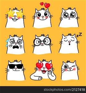 Cats mood. Cartoon emoji of pets in different situations, creative cute emoticons of home animals, vector illustration set of funny cat with big eyes isolated on yellow background. Cats mood emoji