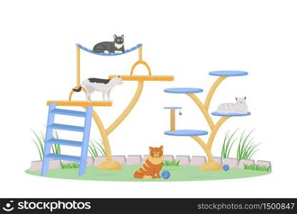 Cats on play tower flat color vector character. Cute kittens lie and jump. Domestic animal play on playground. Pet sitting isolated cartoon illustration for web graphic design and animation. Cats on play tower flat color vector character