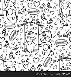 CATS ON SWING Valentine Seamless Pattern Vector Illustration