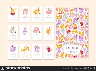 Cats or pets birthday calendar 2021 with cover and pages A4 size - flat cartoon style, funny domestic animals kitty