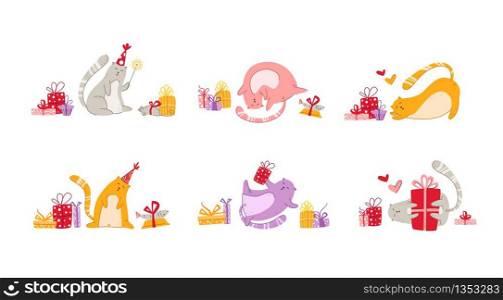 Cats or pets birthday party vector set with flat cartoon funny domestic animals or kitty