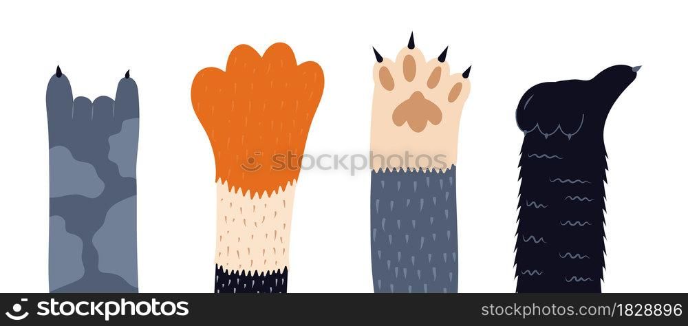 Cats paw vector set. Pet feet in hand drawn style. Paws of fluffy, pretty, friendly kittens. Legs of domestic animals.. Cats paw vector set. Pet feet in hand drawn style. Paws of fluffy, pretty, friendly kittens