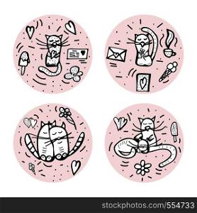 Cats round compositions. Set of badges with cute love symbol in doodle style. Vector illustration.