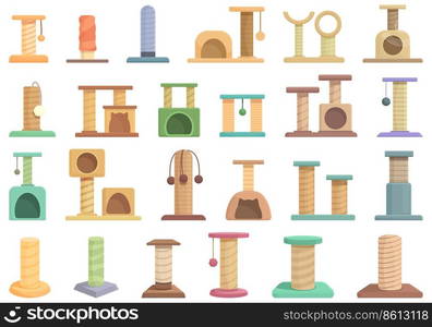 Cats scratching post icons set cartoon vector. Tree tower. Play furniture. Cats scratching post icons set cartoon vector. Tree tower